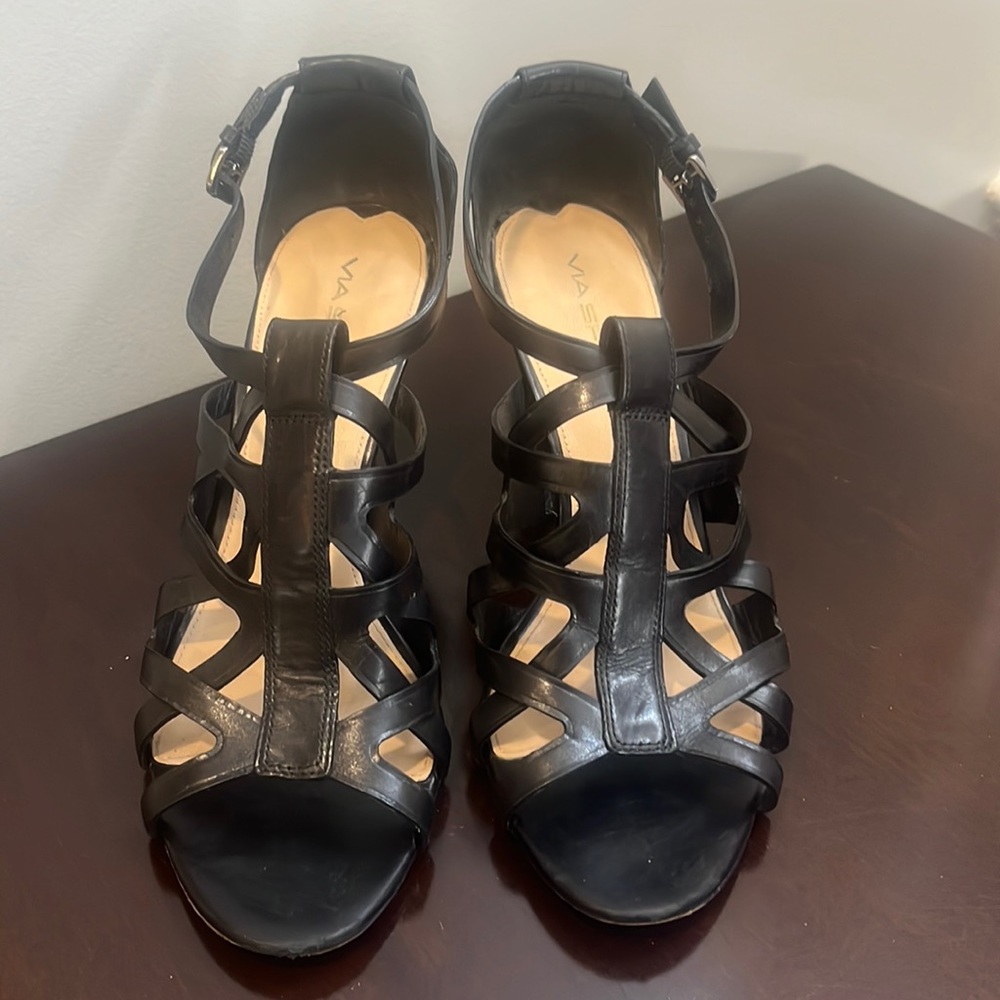 Black Via Spiga Leather Sandal Heels